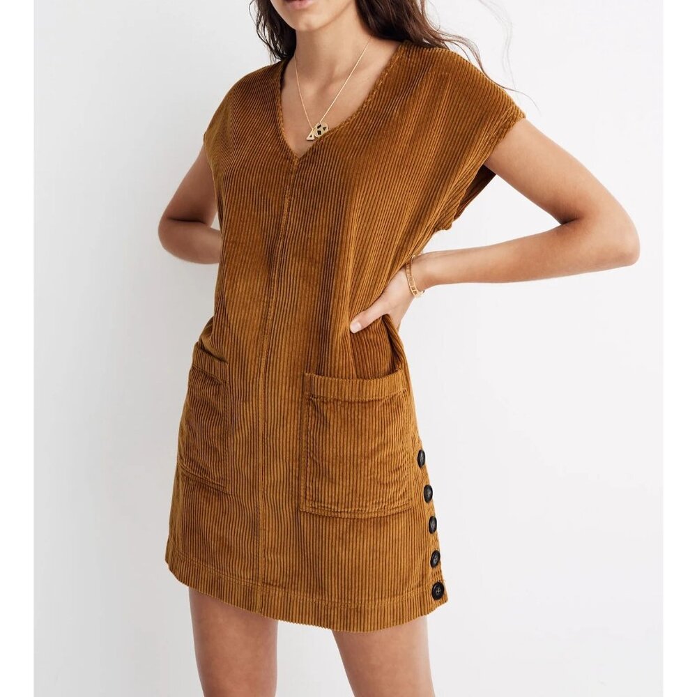 Madewell Corduroy Side-Button Shift Dress V-Neck Medium Antique Gold Casual Styl